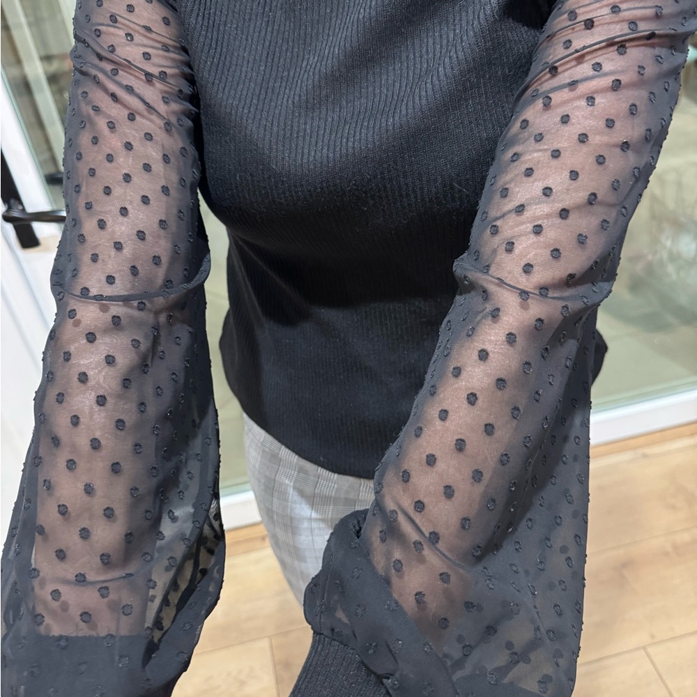 Chic Black Sheer Polka Dot Sleeve Top